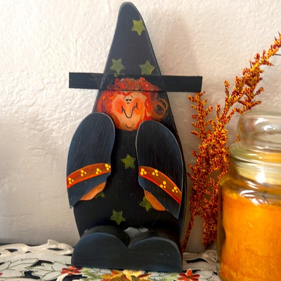 Witch & Black Cat Wood Statuettes Rustic Autumn Home Décor Tender Heart Treasure - Picture 2 of 9